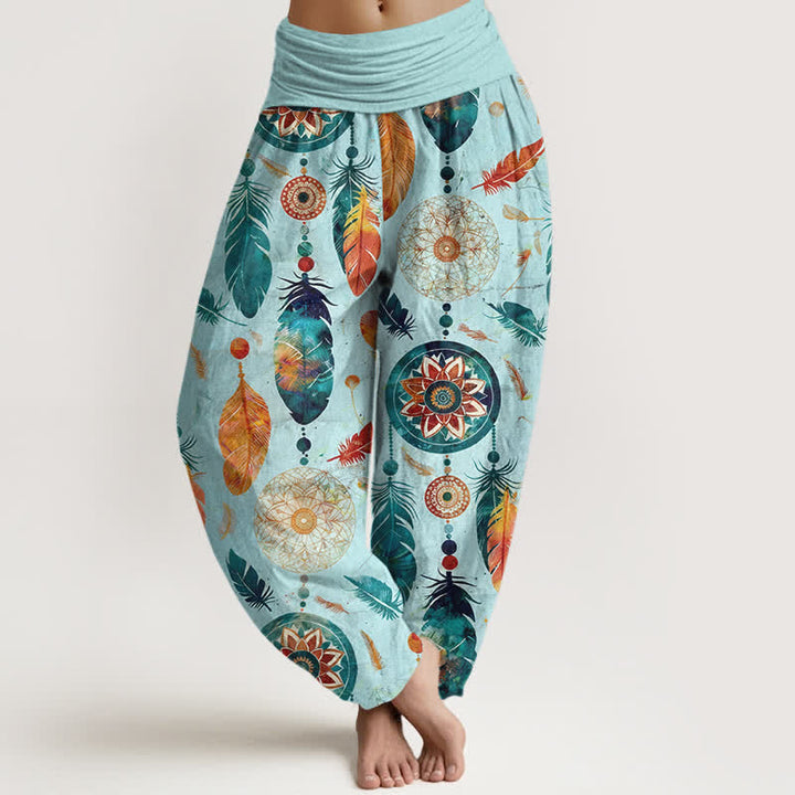 Buddha Stones Pure Cotton Dreamcatcher Feather Pattern Women's Elastic Waist Harem Pants - Turquoise - US16，UK/AU20，EU48 (3XL) - image 5