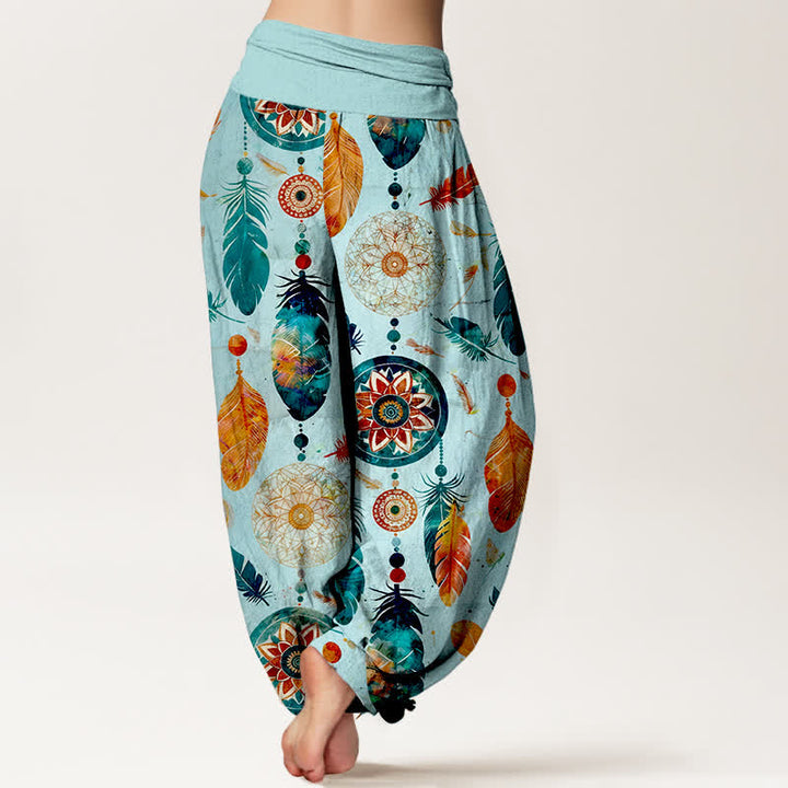Buddha Stones Pure Cotton Dreamcatcher Feather Pattern Women's Elastic Waist Harem Pants - image 7