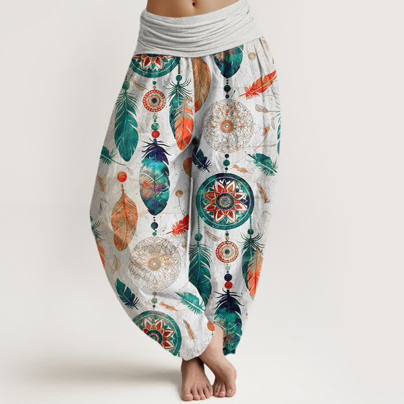 Buddha Stones Pure Cotton Dreamcatcher Feather Pattern Women's Elastic Waist Harem Pants - White - US16，UK/AU20，EU48 (3XL) - image 8