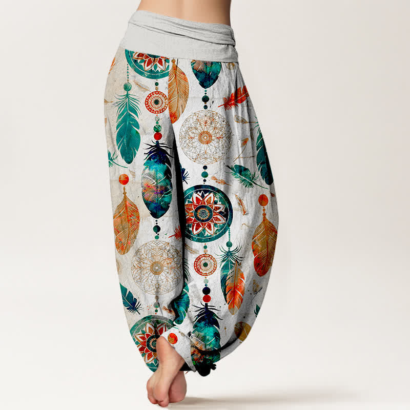 Buddha Stones Pure Cotton Dreamcatcher Feather Pattern Women's Elastic Waist Harem Pants - image 10