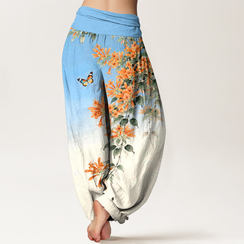Buddha Stones Cotton Orange Floral Butterfly Pattern Women's Elastic Waist Harem Pants - image 2