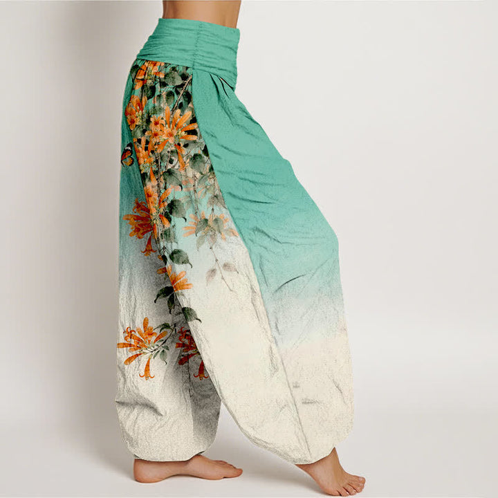 Buddha Stones Cotton Orange Floral Butterfly Pattern Women's Elastic Waist Harem Pants - image 6
