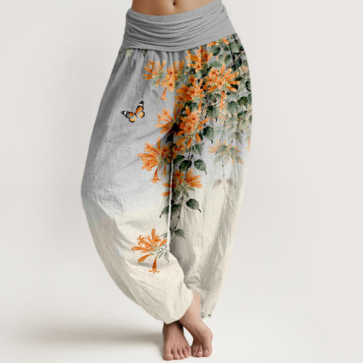 Buddha Stones Cotton Orange Floral Butterfly Pattern Women's Elastic Waist Harem Pants - LightGrey - US16，UK/AU20，EU48 (3XL) - image 8