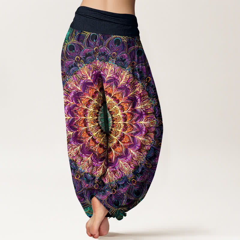Buddha Stones Pure Cotton Mandala Feather Pattern Women's Elastic Waist Harem Pants - image 2