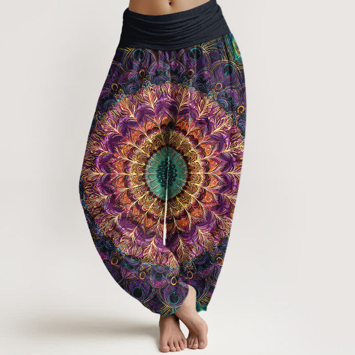Buddha Stones Pure Cotton Mandala Feather Pattern Women's Elastic Waist Harem Pants - Purple - US16，UK/AU20，EU48 (3XL) - image 0