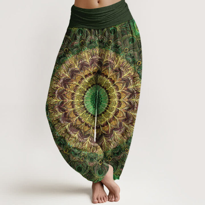 Buddha Stones Pure Cotton Mandala Feather Pattern Women's Elastic Waist Harem Pants - DarkOliveGreen - US16，UK/AU20，EU48 (3XL) - image 8