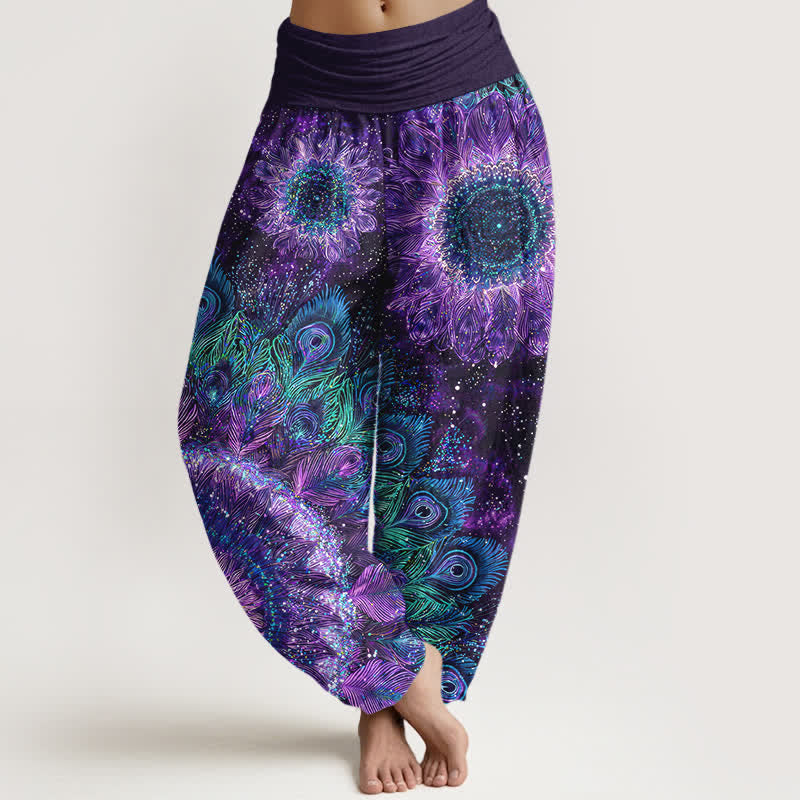 Buddha Stones Cotton Peacock Feather Pattern Women's Elastic Waist Harem Pants - BlueViolet - US16，UK/AU20，EU48 (3XL) - image 0