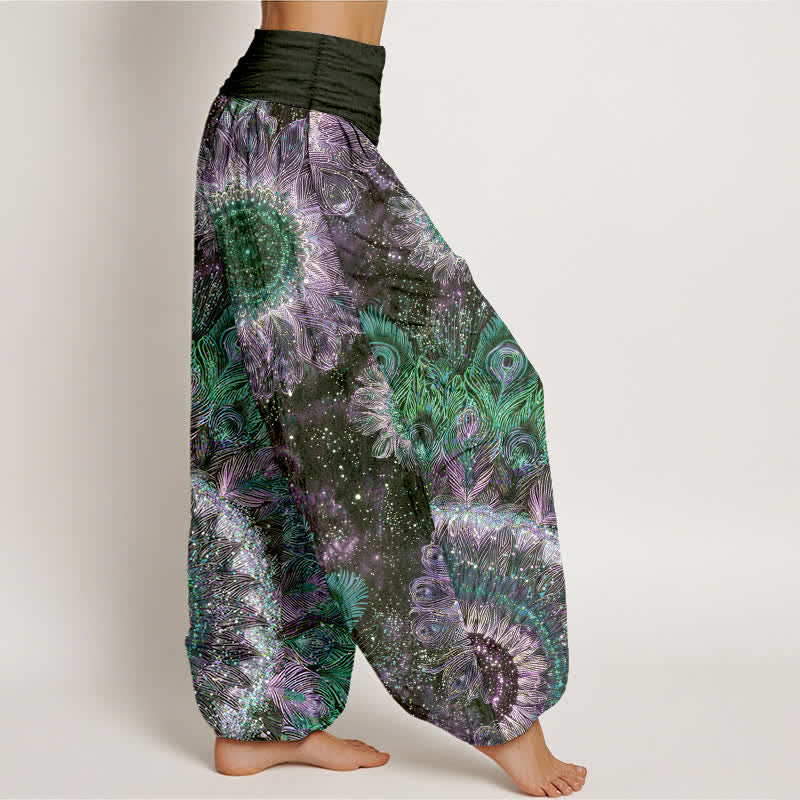 Buddha Stones Cotton Peacock Feather Pattern Women's Elastic Waist Harem Pants - image 6