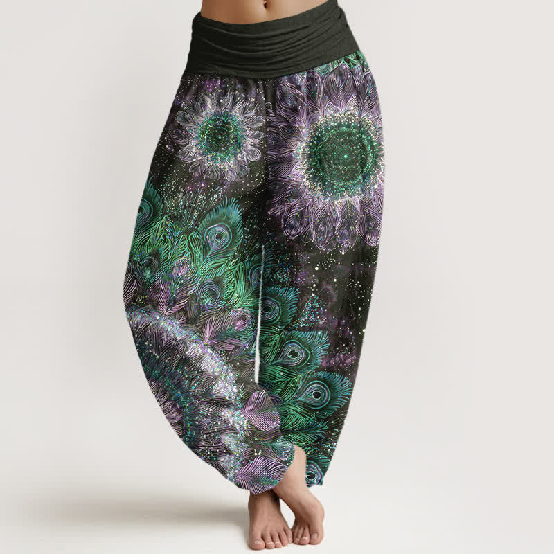 Buddha Stones Cotton Peacock Feather Pattern Women's Elastic Waist Harem Pants - Black - US16，UK/AU20，EU48 (3XL) - image 5