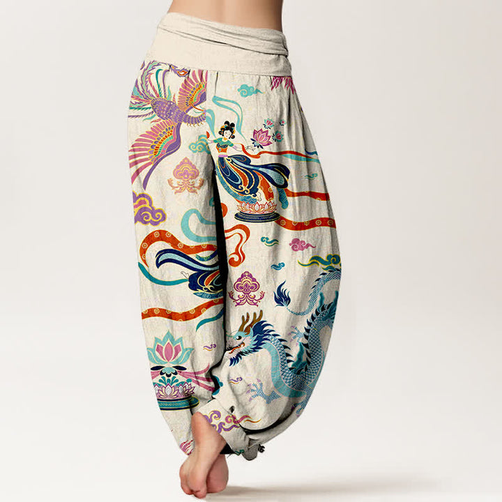 Buddha Stones Cotton Dragon Phoenix Lotus Pattern Women's Elastic Waist Harem Pants - image 2