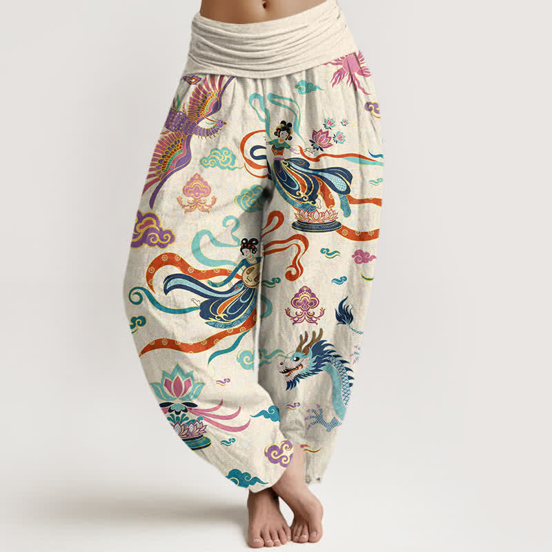 Buddha Stones Cotton Dragon Phoenix Lotus Pattern Women's Elastic Waist Harem Pants - Ivory - US16，UK/AU20，EU48 (3XL) - image 0