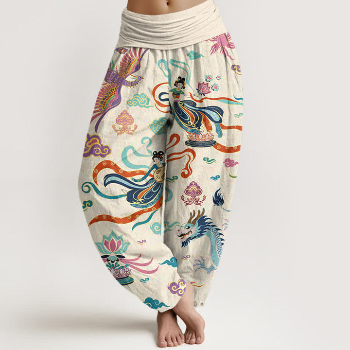 Buddha Stones Cotton Dragon Phoenix Lotus Pattern Women's Elastic Waist Harem Pants - Ivory - US16，UK/AU20，EU48 (3XL) - image 0