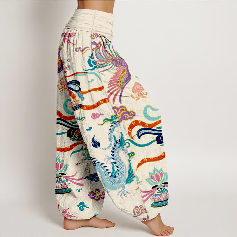 Buddha Stones Cotton Dragon Phoenix Lotus Pattern Women's Elastic Waist Harem Pants - image 1