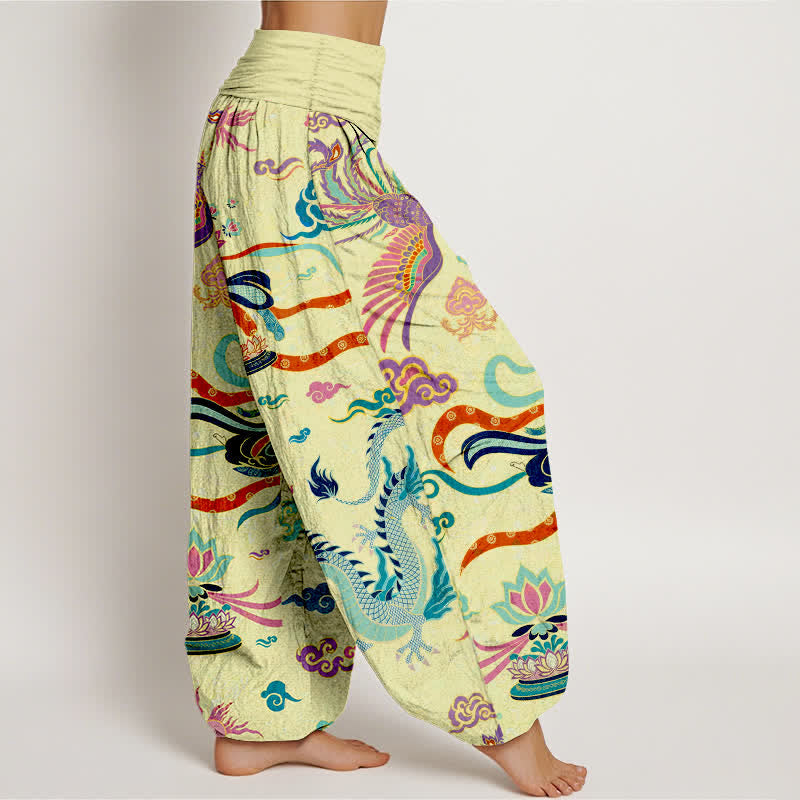 Buddha Stones Cotton Dragon Phoenix Lotus Pattern Women's Elastic Waist Harem Pants - image 6