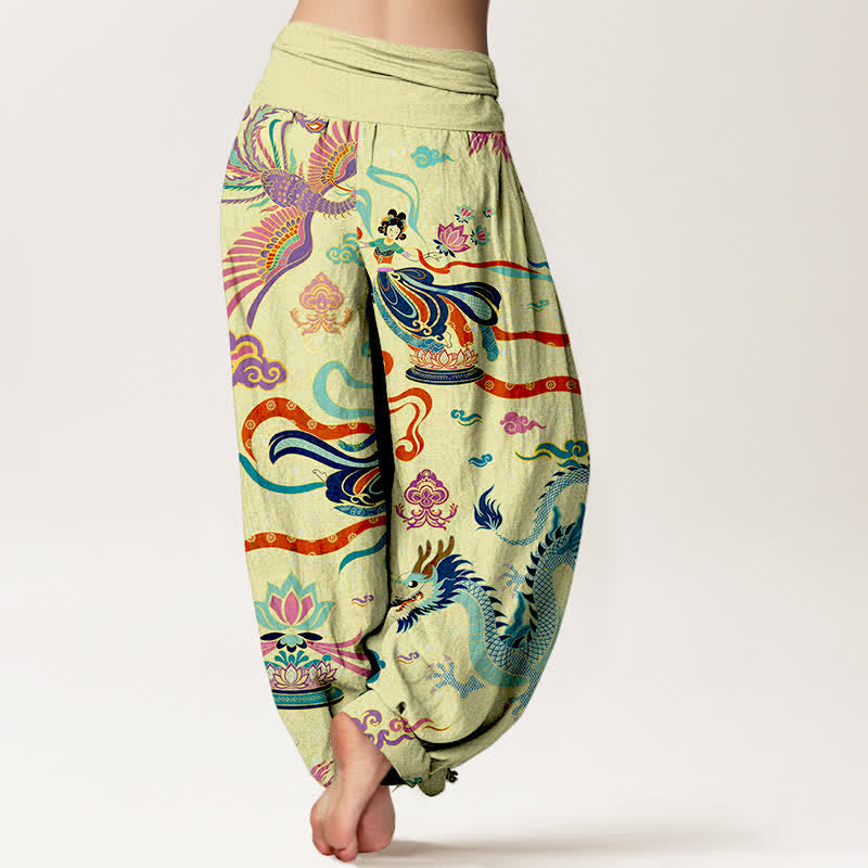 Buddha Stones Cotton Dragon Phoenix Lotus Pattern Women's Elastic Waist Harem Pants - image 7