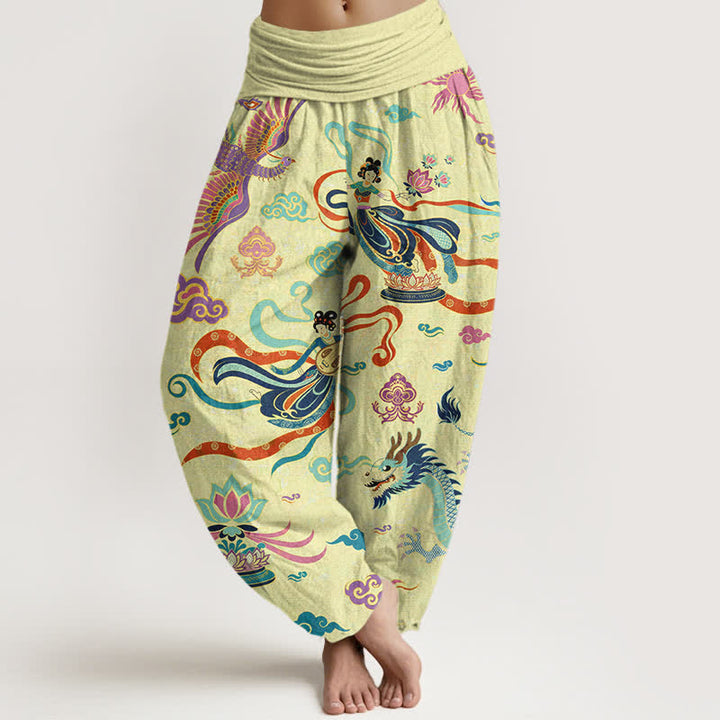 Buddha Stones Cotton Dragon Phoenix Lotus Pattern Women's Elastic Waist Harem Pants - LemonChiffon - US16，UK/AU20，EU48 (3XL) - image 5
