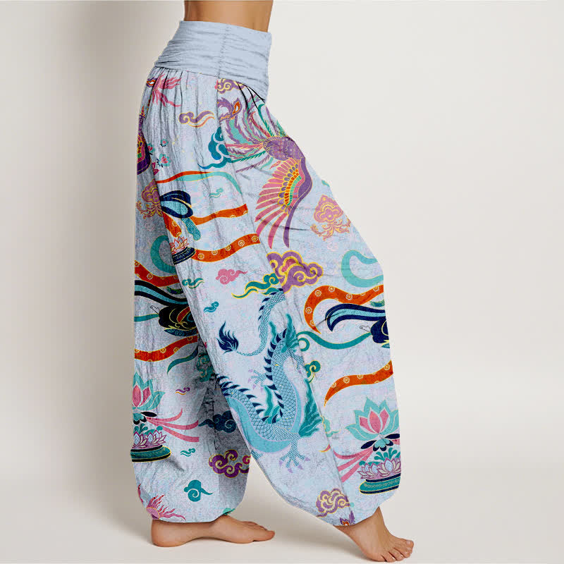 Buddha Stones Cotton Dragon Phoenix Lotus Pattern Women's Elastic Waist Harem Pants - image 9