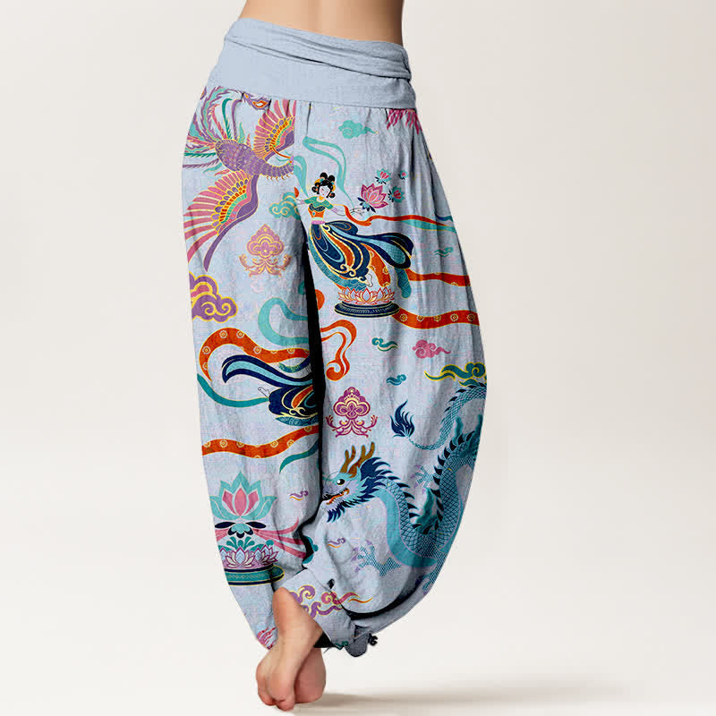 Buddha Stones Cotton Dragon Phoenix Lotus Pattern Women's Elastic Waist Harem Pants - image 10