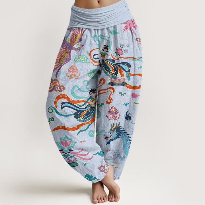 Buddha Stones Cotton Dragon Phoenix Lotus Pattern Women's Elastic Waist Harem Pants - PowderBlue - US16，UK/AU20，EU48 (3XL) - image 8
