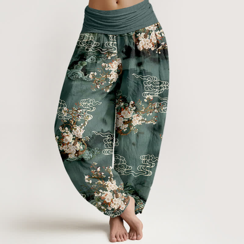 Buddha Stones Pure Cotton Floral Cloud Pattern Women's Elastic Waist Harem Pants - Teal - US16，UK/AU20，EU48 (3XL) - image 0
