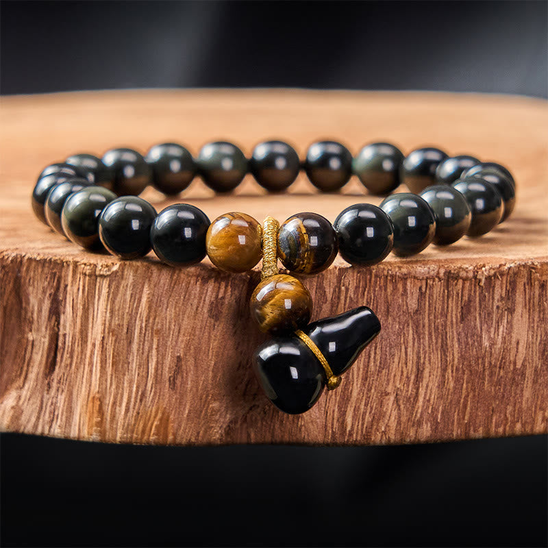 Buddha Stones Rainbow Obsidian Gourd Protection Vintage Chinese Bracelet - 8mm Rainbow Obsidian(Color Shifts in Light) - image 1