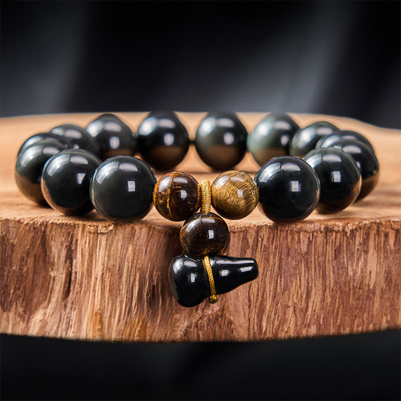 Buddha Stones Rainbow Obsidian Gourd Protection Vintage Chinese Bracelet - 14mm Rainbow Obsidian(Color Shifts in Light) - image 22