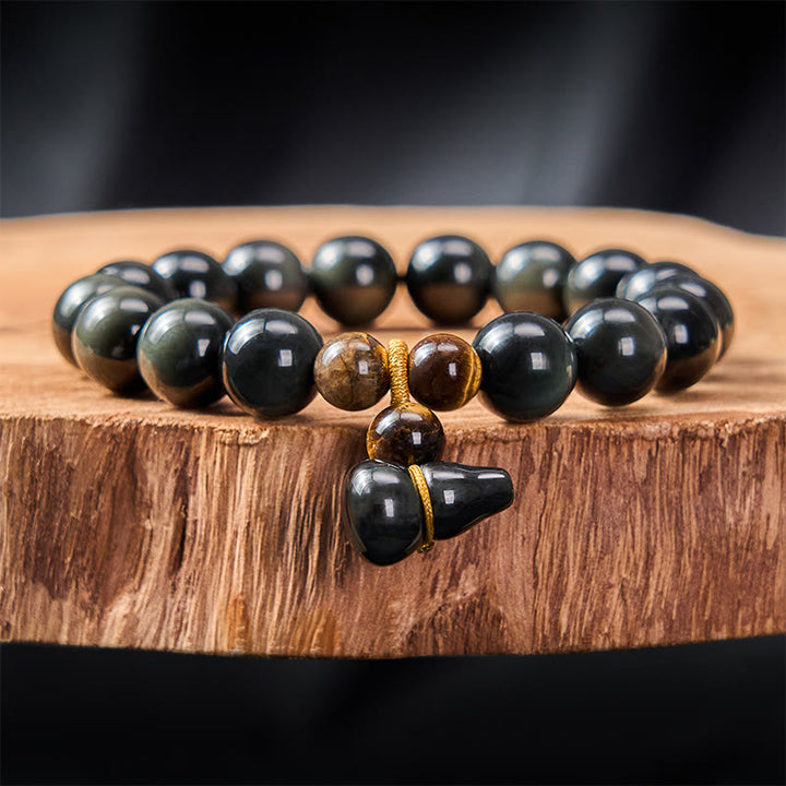 Buddha Stones Rainbow Obsidian Gourd Protection Vintage Chinese Bracelet - 12mm Rainbow Obsidian(Color Shifts in Light) - image 16
