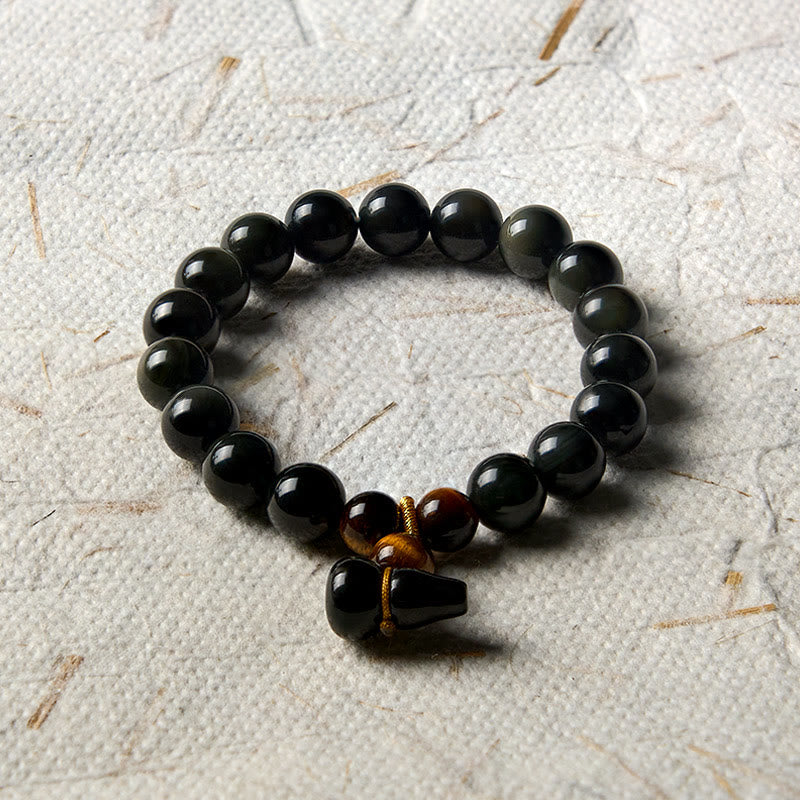 Buddha Stones Rainbow Obsidian Gourd Protection Vintage Chinese Bracelet - image 13