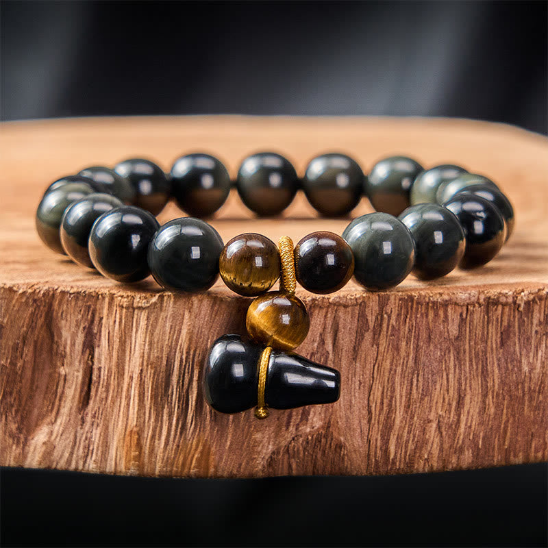 Buddha Stones Rainbow Obsidian Gourd Protection Vintage Chinese Bracelet - 10mm Rainbow Obsidian(Color Shifts in Light) - image 10