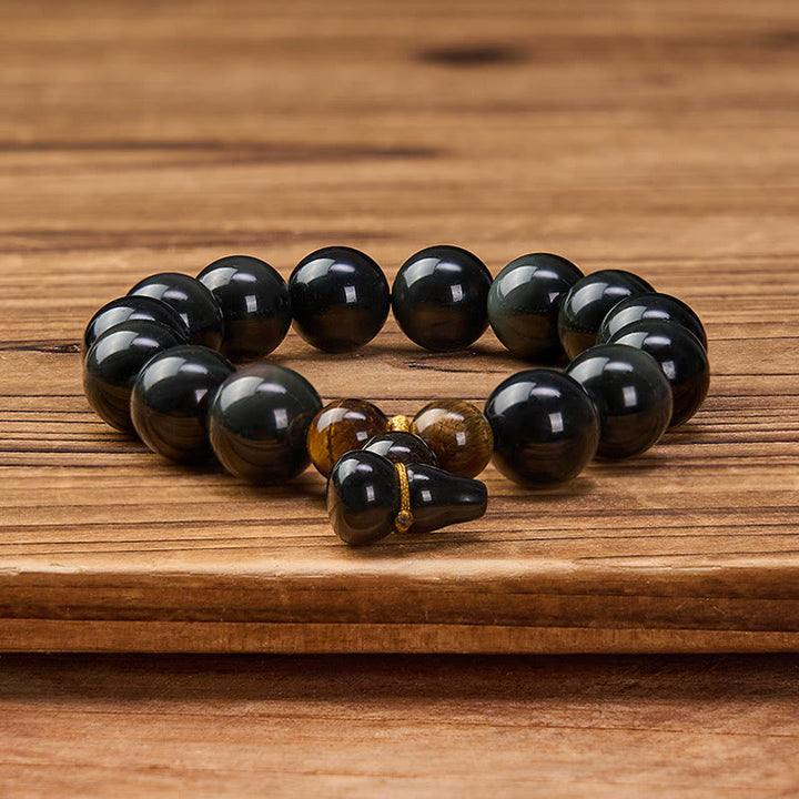 Buddha Stones Rainbow Obsidian Gourd Protection Vintage Chinese Bracelet - image 23