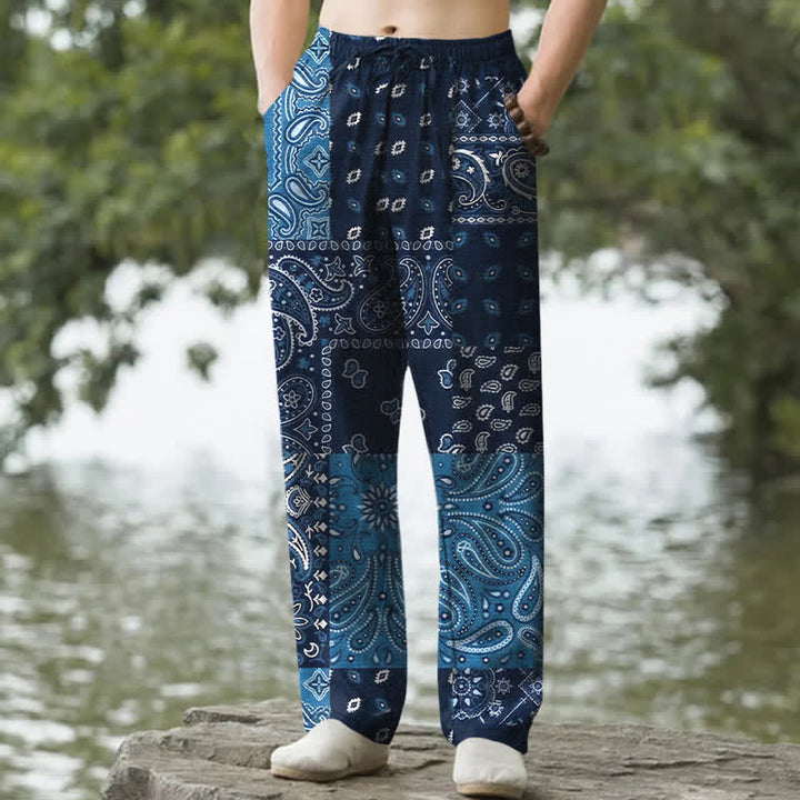 Buddha Stones Cotton Splicing Paisley Pattern Men's Tapered Pants With Pockets - Navy - US/UK/AU50，EU60 (5XL) - image 0