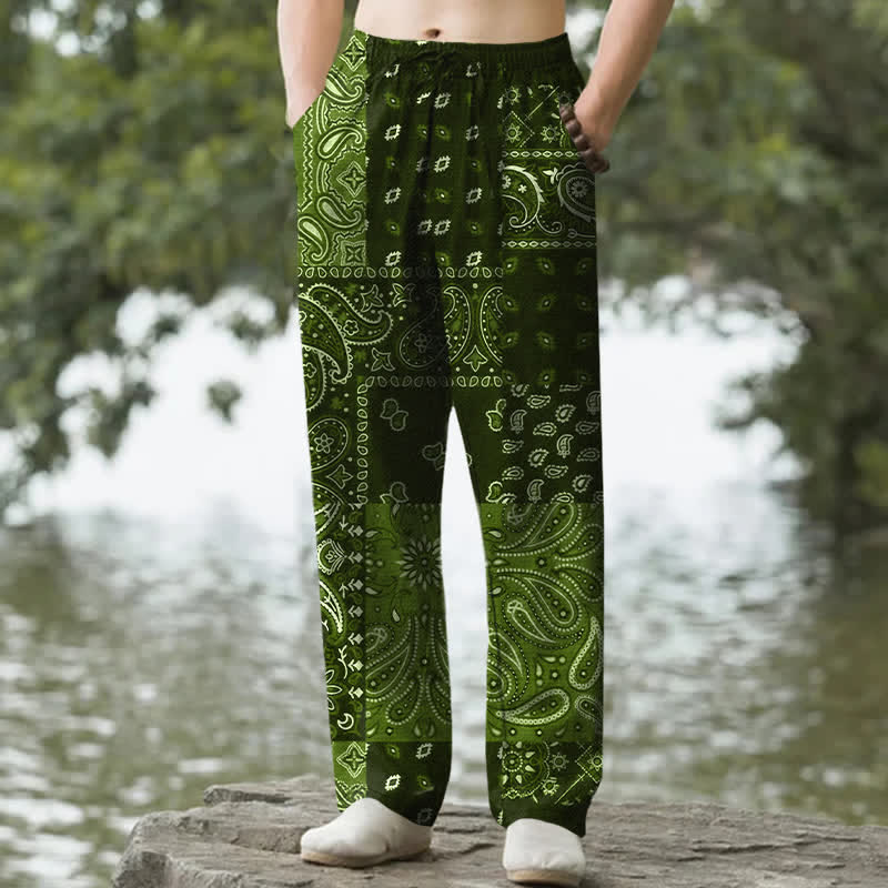 Buddha Stones Cotton Splicing Paisley Pattern Men's Tapered Pants With Pockets - OliveDrab - US/UK/AU50，EU60 (5XL) - image 6