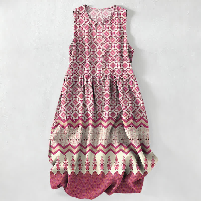 Buddha Stones Summer Casual Bohemian Geometric Floral Pattern Women's Summer Sleeveless Midi Dress With Pockets - Pink - US16，UK/AU20，EU48 (3XL) - image 0