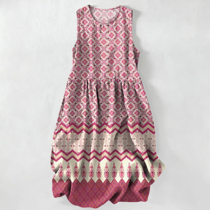 Buddha Stones Summer Casual Bohemian Geometric Floral Pattern Women's Summer Sleeveless Midi Dress With Pockets - Pink - US16，UK/AU20，EU48 (3XL) - image 0