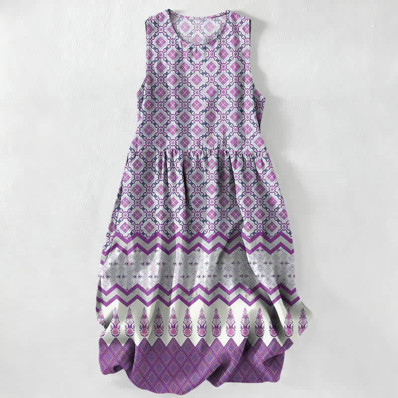 Buddha Stones Summer Casual Bohemian Geometric Floral Pattern Women's Summer Sleeveless Midi Dress With Pockets - Orchid - US16，UK/AU20，EU48 (3XL) - image 4