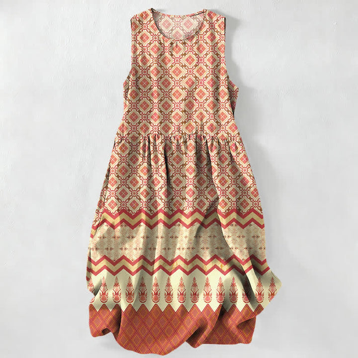 Buddha Stones Summer Casual Bohemian Geometric Floral Pattern Women's Summer Sleeveless Midi Dress With Pockets - Orange - US16，UK/AU20，EU48 (3XL) - image 5