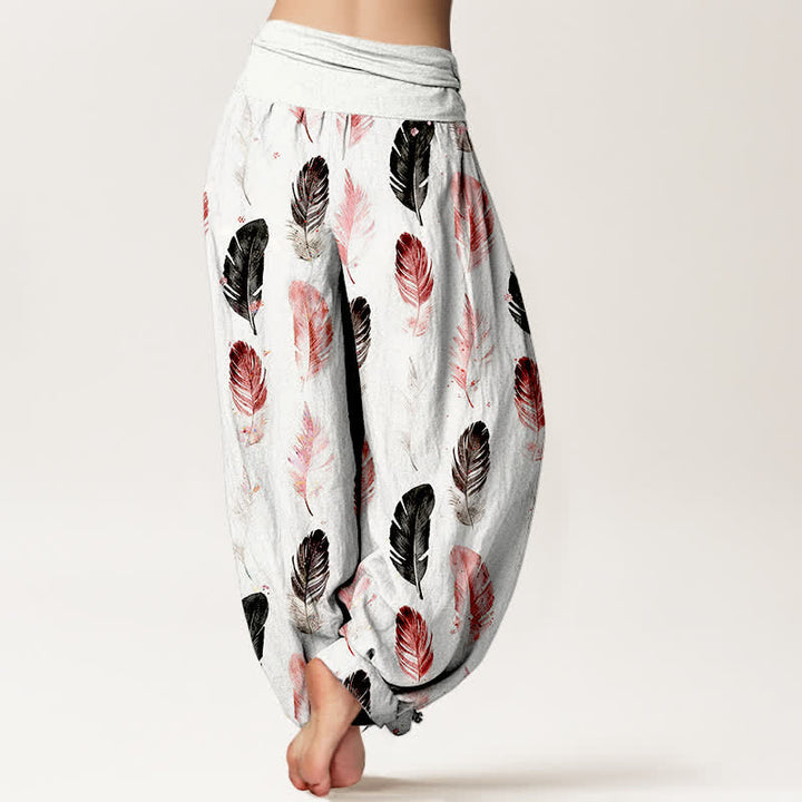 Buddha Stones Pure Cotton Feather Pattern Women's Elastic Waist Harem Pants - image 2