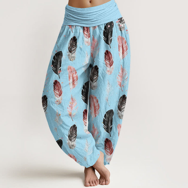 Buddha Stones Pure Cotton Feather Pattern Women's Elastic Waist Harem Pants - LightBlue - US16，UK/AU20，EU48 (3XL) - image 8