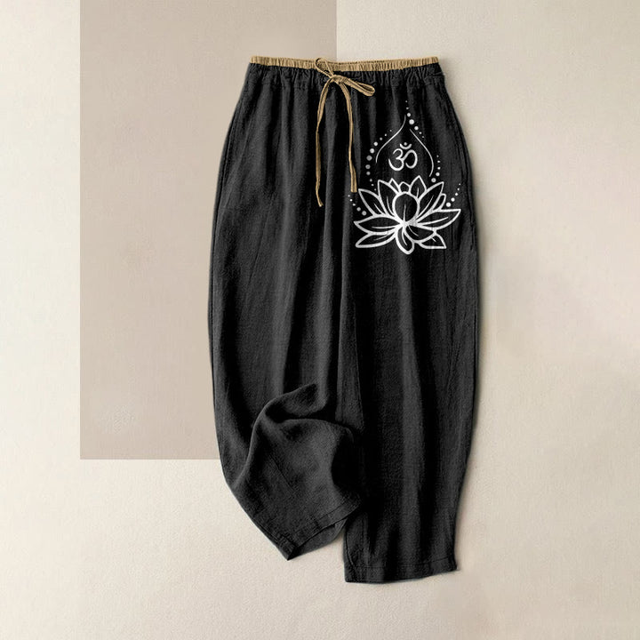 Buddha Stones Pure Cotton Lotus OM Pattern Women's Elastic Waist Pants With Pockets - Black - US16，UK/AU20，EU48 (3XL) - image 0