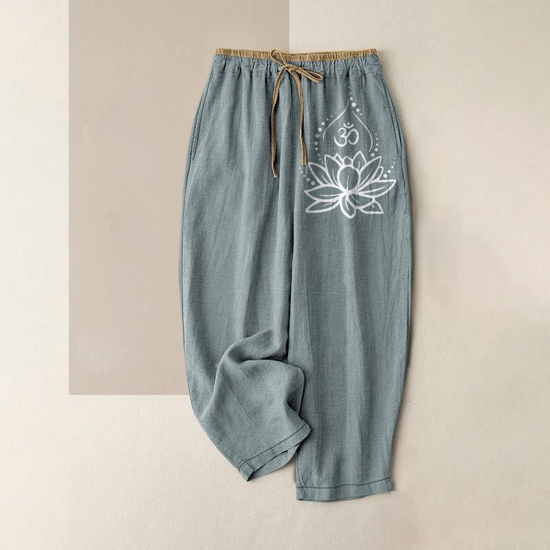 Buddha Stones Pure Cotton Lotus OM Pattern Women's Elastic Waist Pants With Pockets - CadetBlue - US16，UK/AU20，EU48 (3XL) - image 4