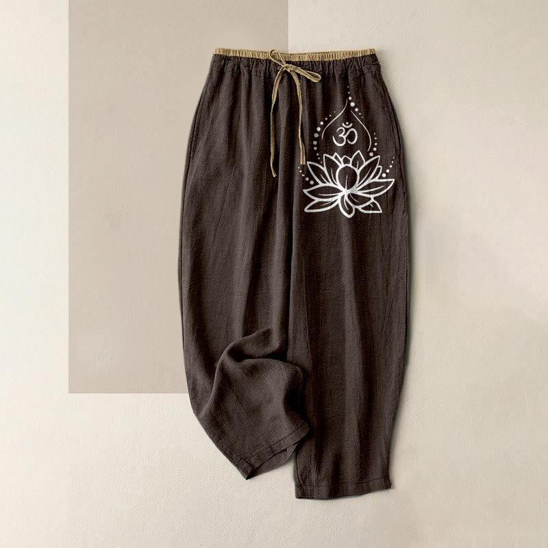 Buddha Stones Pure Cotton Lotus OM Pattern Women's Elastic Waist Pants With Pockets - SaddleBrown - US16，UK/AU20，EU48 (3XL) - image 5
