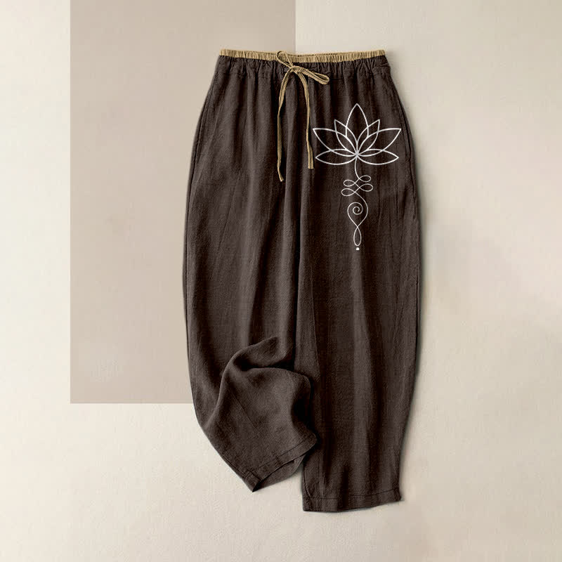 Buddha Stones Pure Cotton Zen Lotus Pattern Women's Elastic Waist Pants With Pockets - SaddleBrown - US16，UK/AU20，EU48 (3XL) - image 0