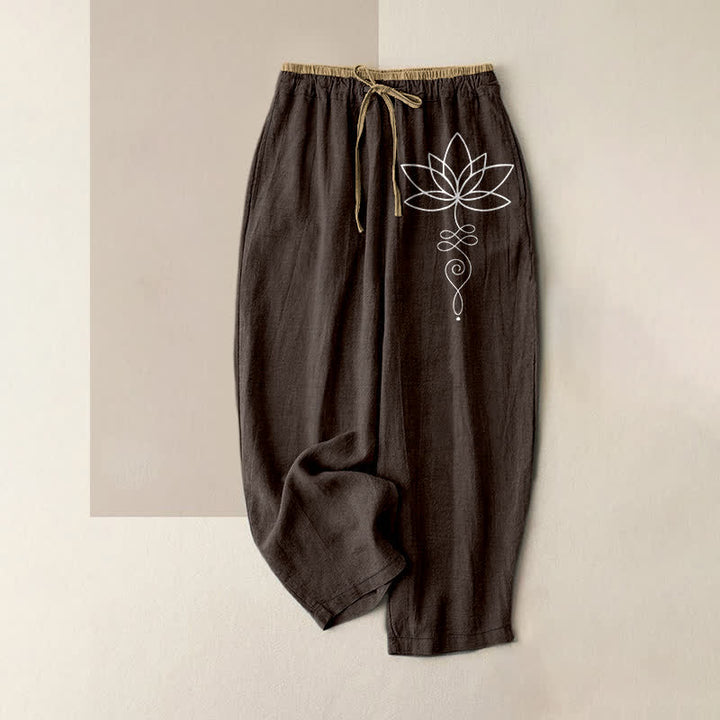 Buddha Stones Pure Cotton Zen Lotus Pattern Women's Elastic Waist Pants With Pockets - SaddleBrown - US16，UK/AU20，EU48 (3XL) - image 0
