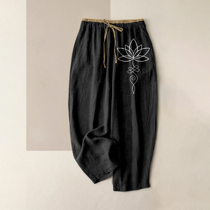 Buddha Stones Pure Cotton Zen Lotus Pattern Women's Elastic Waist Pants With Pockets - Black - US16，UK/AU20，EU48 (3XL) - image 4