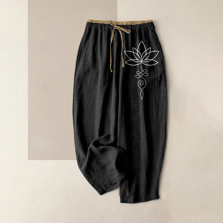 Buddha Stones Pure Cotton Zen Lotus Pattern Women's Elastic Waist Pants With Pockets - Black - US16，UK/AU20，EU48 (3XL) - image 4