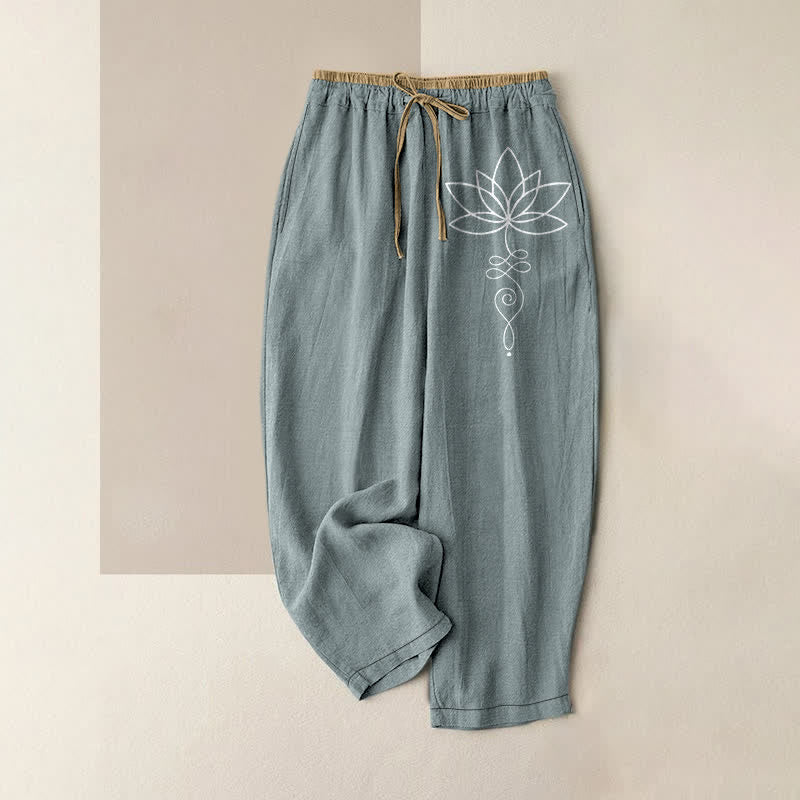 Buddha Stones Pure Cotton Zen Lotus Pattern Women's Elastic Waist Pants With Pockets - CadetBlue - US16，UK/AU20，EU48 (3XL) - image 5