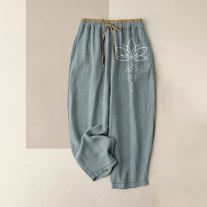Buddha Stones Pure Cotton Zen Lotus Pattern Women's Elastic Waist Pants With Pockets - CadetBlue - US16，UK/AU20，EU48 (3XL) - image 5