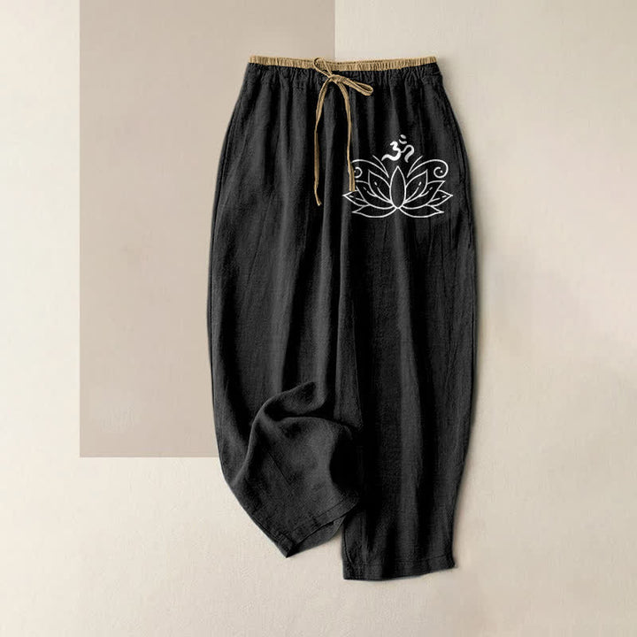 Buddha Stones Pure Cotton Lotus Pattern Women's Elastic Waist Pants With Pockets - Black - US16，UK/AU20，EU48 (3XL) - image 0