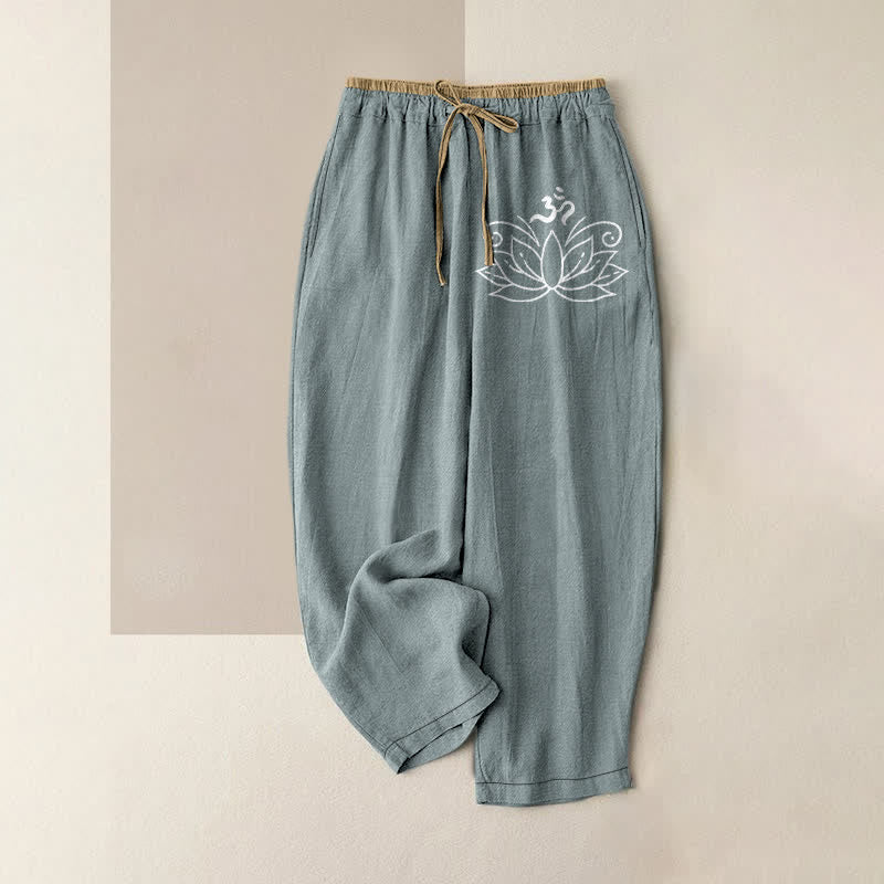 Buddha Stones Pure Cotton Lotus Pattern Women's Elastic Waist Pants With Pockets - CadetBlue - US16，UK/AU20，EU48 (3XL) - image 4