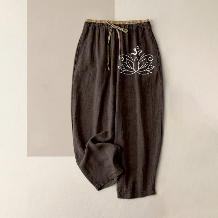 Buddha Stones Pure Cotton Lotus Pattern Women's Elastic Waist Pants With Pockets - SaddleBrown - US16，UK/AU20，EU48 (3XL) - image 5
